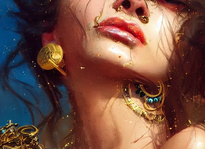 Prompt: close up picture of a pirate girl, hard breathing, messy hair, reaching a hands to the camera, jewels and gold on the background, coveted, beautiful and aesthetic and attractive and detailed face, specular reflection, occlusion shadow, intricate, bokeh, masterpiece, by ilya kuvshinov and jeremy lipking and quentin mabille