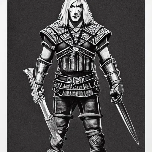 Prompt: A full body shot of Mario from Nintendo as The Witcher, pencil art on paper, highly detailed, looking defiantly at the camera, eyes are yellow,symmetrical mouth