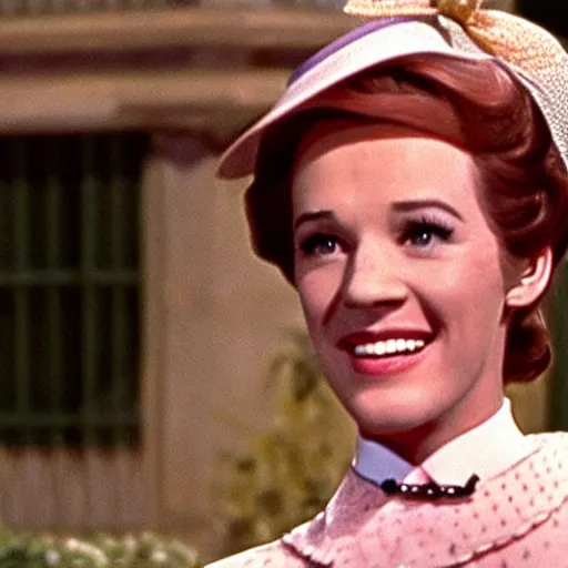 Image similar to Julie Andrews Mary Poppins from Disney 1964 smiling and winking with one eye, Still from Mary Poppins (1964)