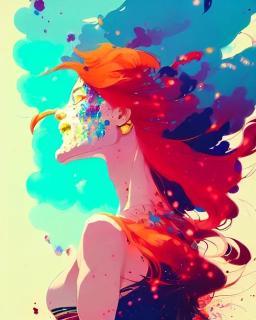 Image similar to a ultradetailed beautiful panting of a woman with a colorful explosion coming out of her hair, by conrad roset, greg rutkowski and makoto shinkai, trending on artstation