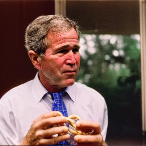 Prompt: George W. Bush sorrowfully beholds a single pretzel. CineStill.