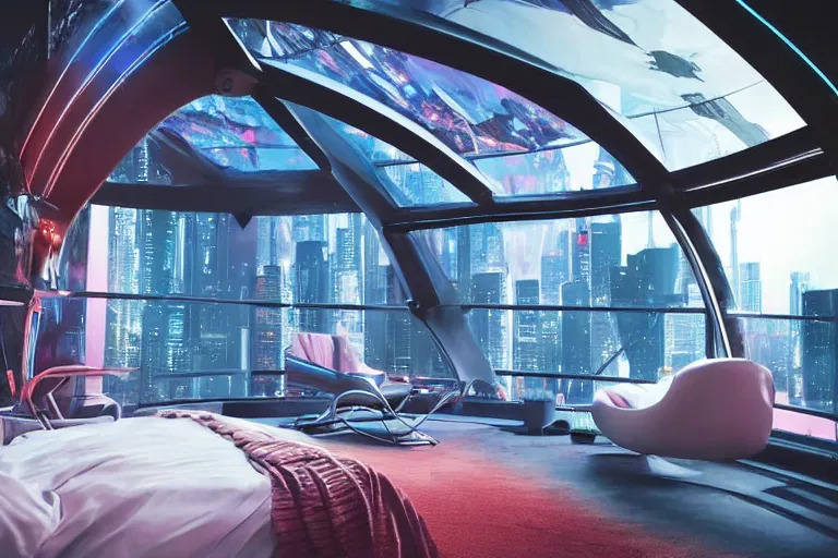 Image similar to a futuristic bedroom with large curved ceiling high windows looking out to a far future cyberpunk cityscape, cyberpunk neon lights, raining, scifi