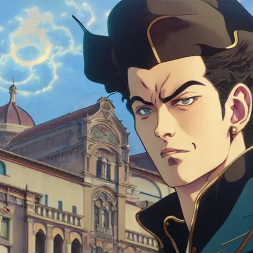 Image similar to highly detailed vfx portrait of jotaro kujo in bologna, makoto shinkai, alphonse mucha, sharp focus, art by artgerm and greg rutkowski!, backlit, harsh overhead sunlight, blue eyes, stanley kybric, takeshi obata, kaoru mori, pixiv, fanbox,