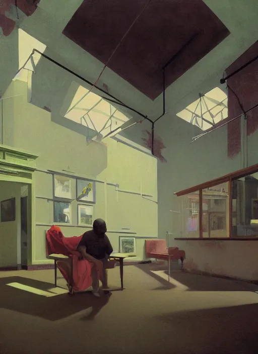 Image similar to time does not exist anymore by edward hopper and james gilleard, zdzislaw beksinski, overgrown vegetation, open ceiling, highly detailed, black people, painted by francis bacon, painted by james gilleard, airbrush, ilya kuvshinov, wlop, stanley artgerm, very coherent, art by takato yamamoto and james jean