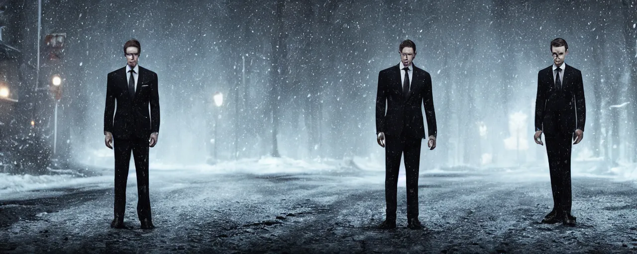 Prompt: Wendigo wearing suit and tie standing in the middle of a snowy street at night, horror, horror photography, cinematic, cinematic lighting, volumetric lighting, atmospheric, octane render, unreal engine, HD, phot, realistic, photo realistic, hyper realistic, hyper realism, photo by Gregory Crewdson, film by Gregory Crewdson,