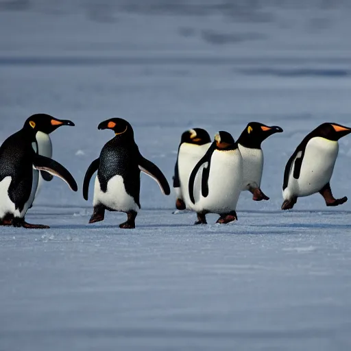 Prompt: penguins being chased by lightening while running on ice, wildlife photography, highly detailed, high quality, 8 k, soft lighting,