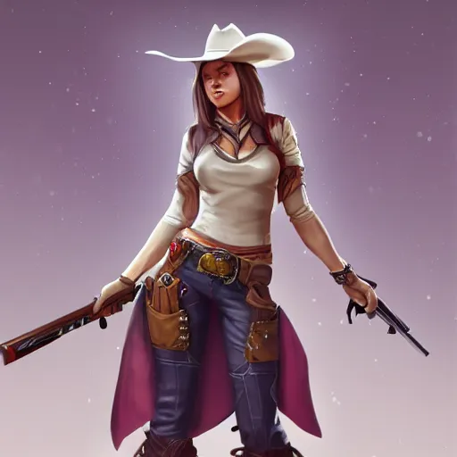 Image similar to full body, female cowgirl, perfect face, long rifle, 8 k, magic the gathering, d & d, artstation