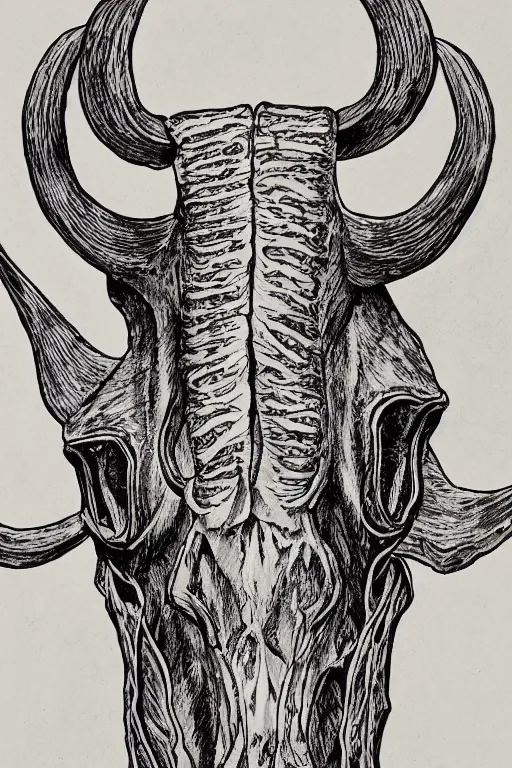 Image similar to Portrait of a Texas Longhorn Skull, with skull bone ornately carved with delicate patterns, tritone, mixed media, fine linework, pen and ink, symmetry