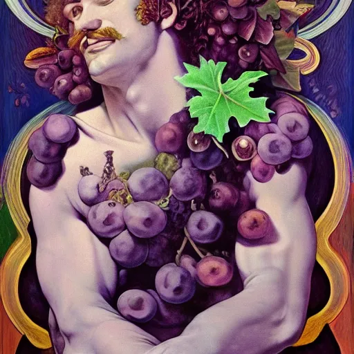 Prompt: psychedelic portrait of ecstatic god dionysus with leaves and grape in his hair, tom of finland, bouguereau, hyperrealistic, tom of finland, bouguereau, dalli, picasso, oil painting, futuristic cubism