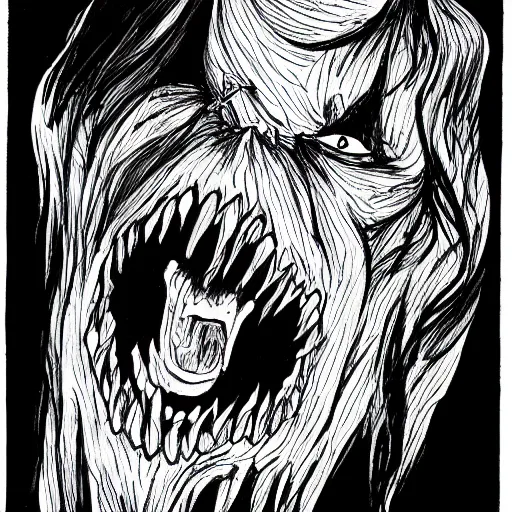 Image similar to line drawing of terrifying black ghost shadow shouting, scaring, horror, nightmare, panic, aggresive strokes