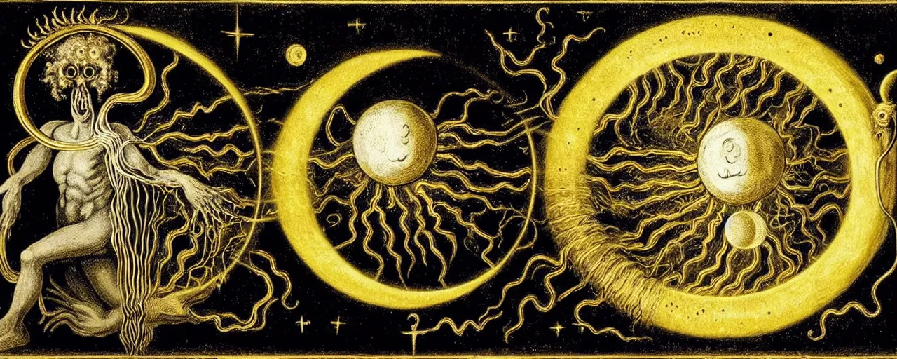 Prompt: a strange alchemical homunculus creature with a mouth of gold radiates a unique canto'as above so below'to the moon, while being ignited by the spirit of haeckel and robert fludd, breakthrough is iminent, glory be to the magic within, in honor of saturn, painted by ronny khalil