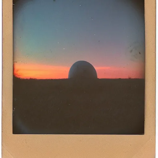 Image similar to old polaroid depicting a ufo, at a clearing, at dawn