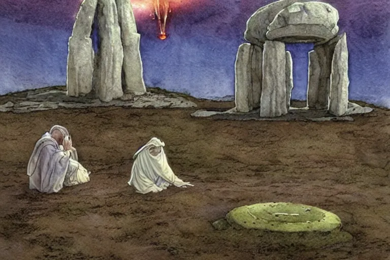 Image similar to a realistic and atmospheric watercolour fantasy concept art of a ufo landing in a tiny stonehenge. one dirty medieval monk in grey robes is on his knees praying to the ufo. muted colors. by rebecca guay, michael kaluta, charles vess and jean moebius giraud