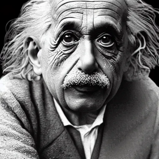 Image similar to “Green faced Albert Einstein as Yoda thinking about the theory of relativity. Star Wars movie frame. Einstein with a Yoda face.”