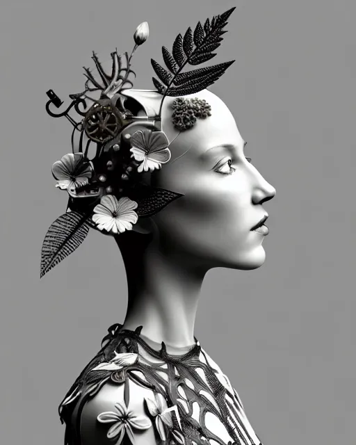 Image similar to monochrome 3 d model, 1 9 3 0 picture, floral steampunk biomechanical beautiful young female cyborg with porcelain profile face and a techno eye, volumetric light, leaves foliage and stems, hibiscus flowers, boho vines, sinuous fine roots, fine foliage lace, alexander mcqueen, rim light, big gothic fashion pearl embroidered collar, octane render, 8 k