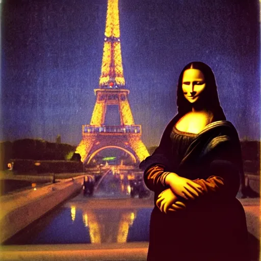 Image similar to mona lisa visiting the eiffel tower at night