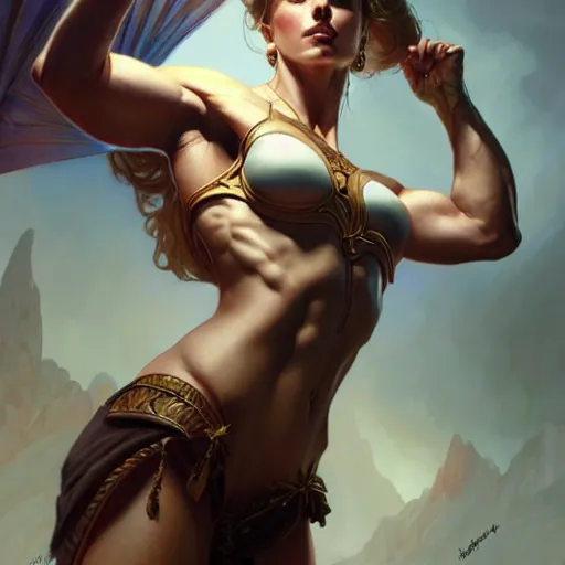 Image similar to guilty, muscular upper body, D&D, fantasy, intricate, elegant, highly detailed, digital painting, artstation, concept art, smooth, sharp focus, illustration, art by artgerm and greg rutkowski and alphonse mucha