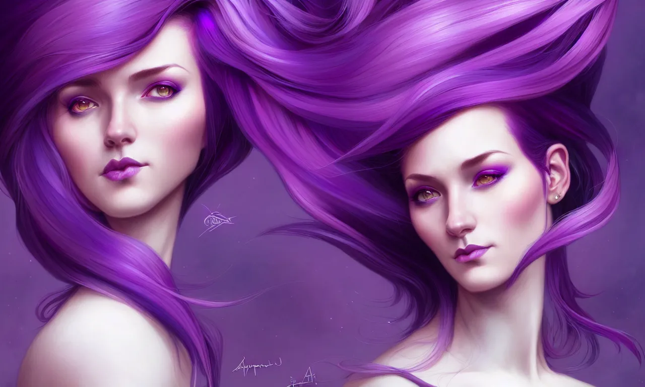 Image similar to Purple hair relistic Portrait of a woman with bright colored flying hair, all shades of purple. Beauty face, Hair coloring, fantasy, intricate, elegant, highly detailed, digital painting, artstation, concept art, smooth, sharp focus, illustration, art by artgerm and greg rutkowski and alphonse mucha