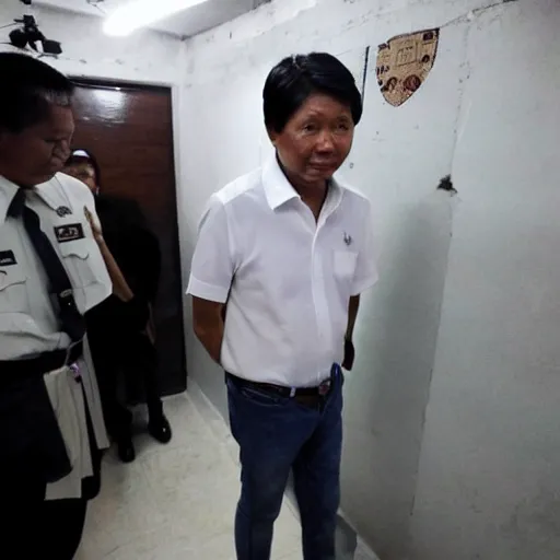 Prompt: Bongbong Marcos inside a jail cell, crying and terrified
