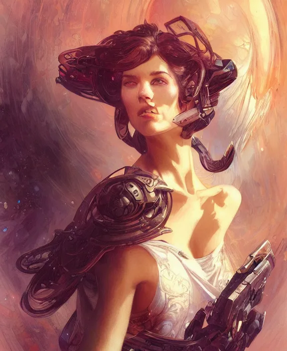 Image similar to portrait of a scifi woman, half body, d & d, fantasy, intricate, elegant, highly detailed, digital painting, artstation, concept art, art by artgerm and greg rutkowski and alphonse mucha, boris vallejo