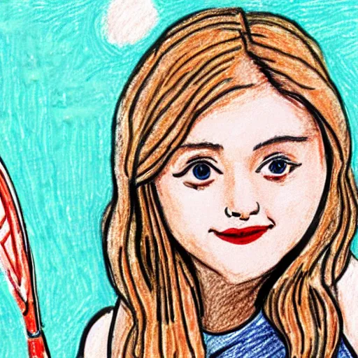 Prompt: children drawing of Dakota Fanning playing tennis