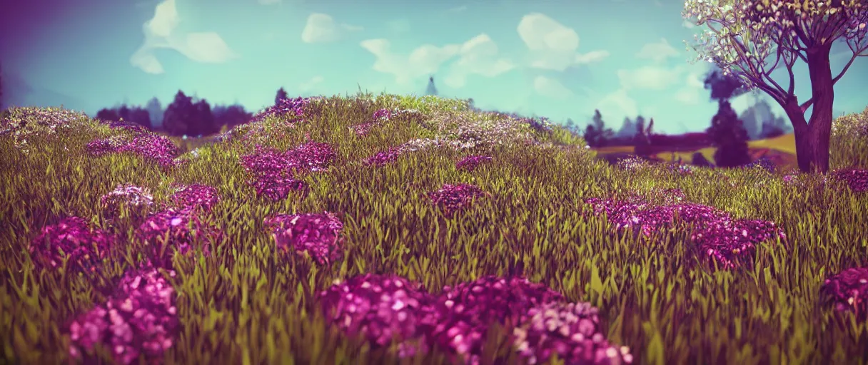 Image similar to 3 d render low poly art, flowers, field of dreams, unreal engine, dreamy, bokeh