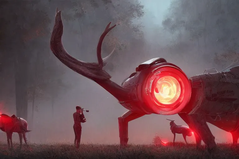 Prompt: nature being invaded by huge smoking war machines which emit a red light as deer are running away, made by stanley artgerm lau, wlop, rossdraws, artstation, cgsociety, concept art, cgsociety, octane render, trending on artstation, artstationhd, artstationhq, unreal engine, 4 k, 8 k,