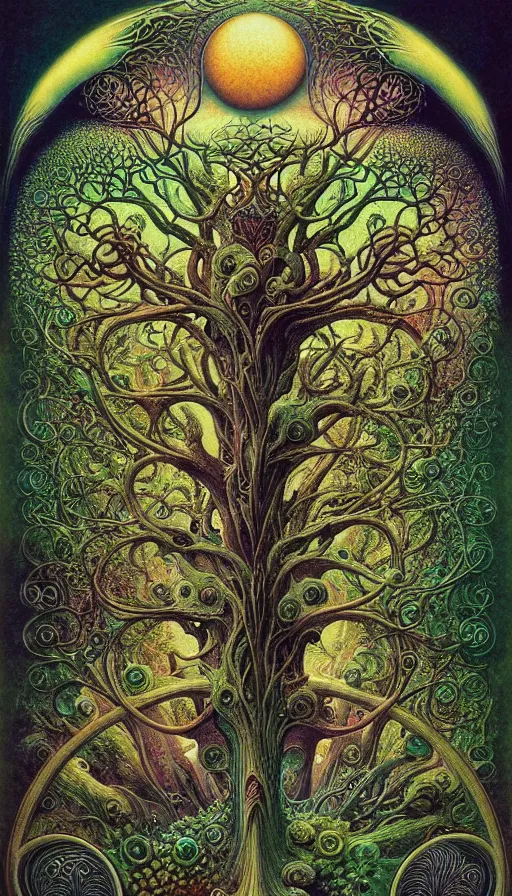 Image similar to tree of life by roger dean and andrew ferez, art forms of nature by ernst haeckel, divine chaos engine, symbolist, visionary, art nouveau, botanical fractal structures, organic, detailed, realistic, surreality