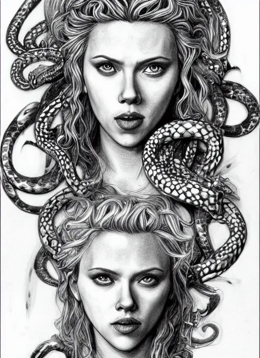Image similar to pencil drawing of scarlett johansson as medusa wearing snakes in her head in the berserk manga, smiling expression showing fangs, big snakes heads, by kentaro miura