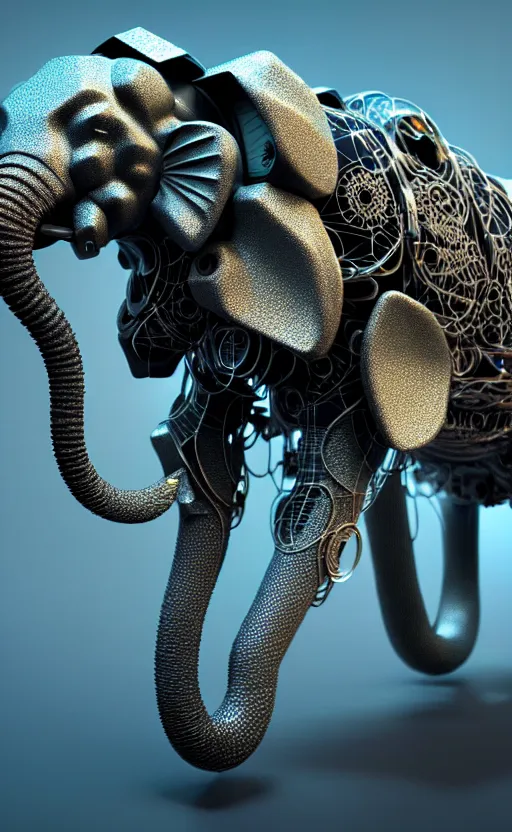 Image similar to hyper realistic and higly detailed photo of a mech elephant. intricate, wiring, electronic componentsss, color diodes. volumetric light. professional digital art, lotr style, extremly detailed, trending on artstation, stuning, octane render, unreal engine 5, 8 k rendering.
