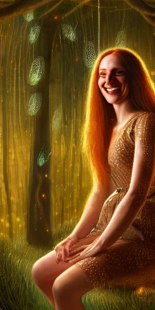 Image similar to a totally amazed smiling fit woman surrounded by golden firefly lights in a mesmerizing scene, sitting amidst nature fully covered! intricate detailed dress, long loose red hair, precise linework, accurate green eyes, small nose with freckles, beautiful smooth oval head, expressive emotions, hyper realistic ultrafine portrait by artemisia gentileschi, jessica rossier, boris vallejo