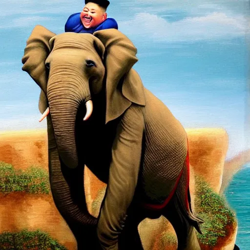 Prompt: close-up of Kim Jong-un riding an elephant on the edge of a cliff by the ocean, realism oil on canvas, 8k, highly detailed, highly intricate,