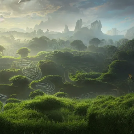 Prompt: a beautifully hyperdetailed matte painting of a labyrinth in a grassy landscape emitting royal blue and green energy, dusk, art by albert bierdstat, and raphael lacoste and dave noton, 4 k, unreal engine, trending on artstation