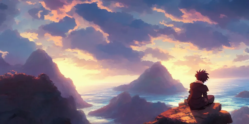 Image similar to isekai masterpiece anime boy sitting on a rock off to the side looking down upon ocean, during dawn, cinematic, very warm colors, intense shadows, anime illustration, anime screenshot composite background