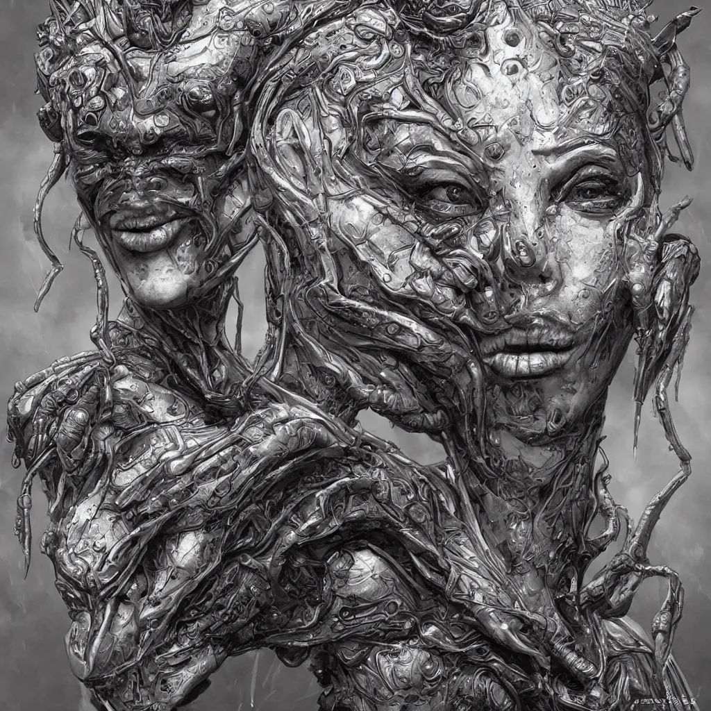 Image similar to terrifying bust portrait of a beautiful exotic alien queen by travis charest and chris achilleos, an intricate, elegant, highly detailed digital painting, concept art, smooth, sharp focus, mixed media illustrationhyperrealism, extremely hyperdetailed