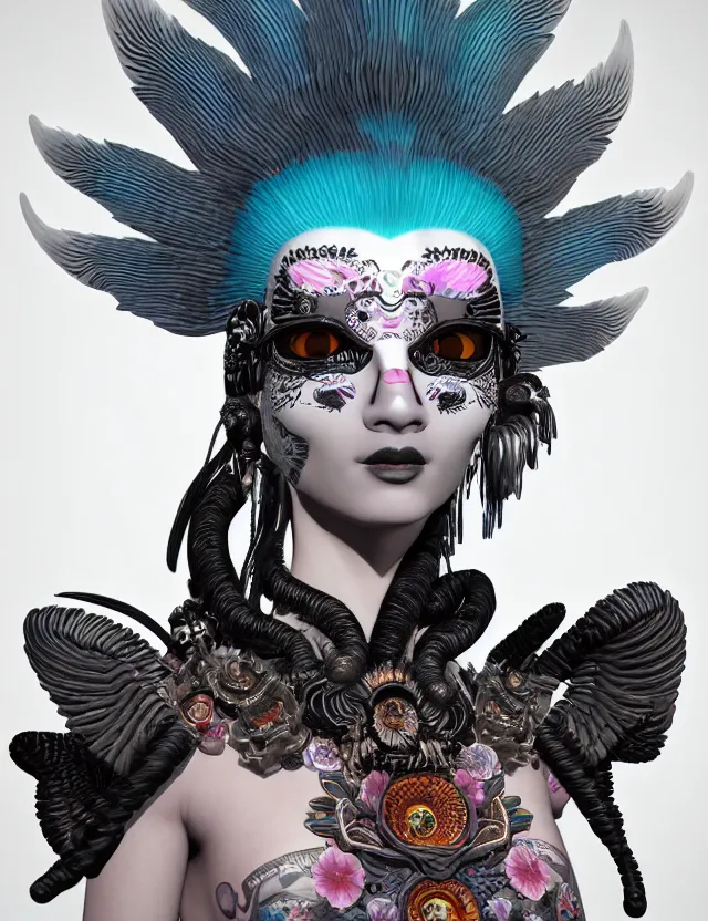 Image similar to 3 d goddess close - up profile portrait punk with mohawk with ram skull. beautiful intricately detailed japanese crow kitsune mask and clasical japanese kimono. betta fish, jellyfish phoenix, bio luminescent, plasma, ice, water, wind, creature, artwork by tooth wu and wlop and beeple and greg rutkowski