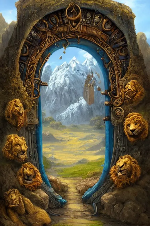 Image similar to A giant medieval fantasy blue energy portal gate with a rusty gold carved lion face at the center of it, the portal takes you to another world, full of colorful flowers on the lost Vibes and mountains in the background, spring, delicate fog, sea breeze rises in the air, by andreas rocha and john howe, and Martin Johnson Heade, featured on artstation, featured on behance, golden ratio, ultrawide angle, f32, well composed, rule of thirds, center spotlight, low angle view