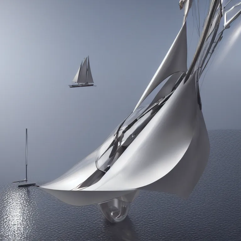 Image similar to octane render portrait by wayne barlow and carlo crivelli and glenn fabry, a futuristic sailboat with sails made out of clear iridescent plastic, cinema 4 d, ray traced lighting, very short depth of field, bokeh