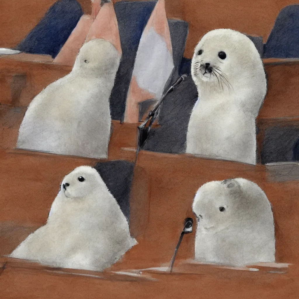 Image similar to one baby harp seal in an orange jumpsuit, sitting at the witness stand, courtroom sketch