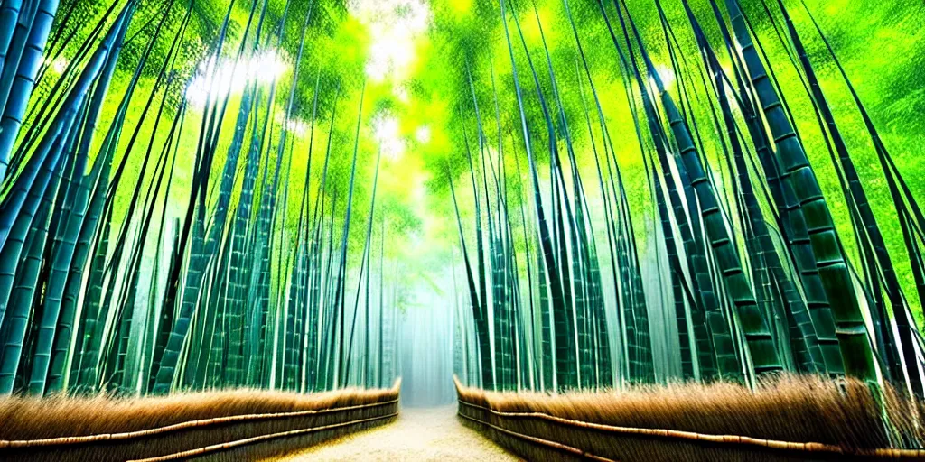 Image similar to Ancient city, Japanese architecture, city is surrounded by tall bamboo, in a bamboo forest, on a mountain, the weather is mist, red leaf trees and bamboo, ultra realistic, detailed, 4k