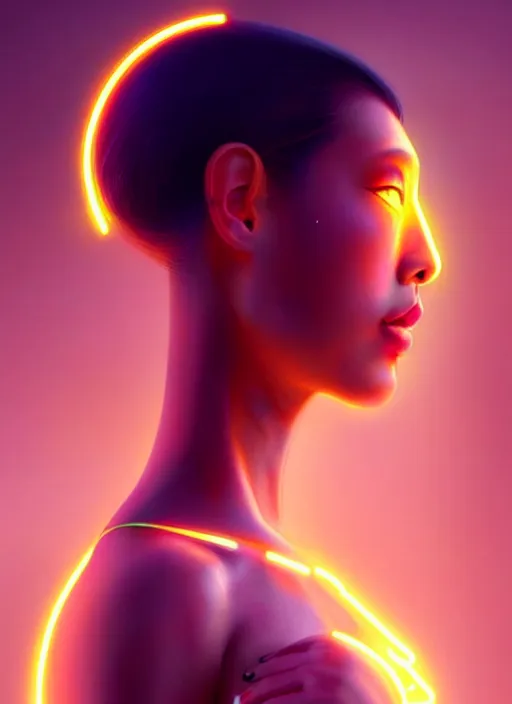 Image similar to photorealistic oriental female humanoid with freckle face, cyber neon lightings, futurism, cyberpunk high fashion, elegant side profile pose, intricate details, crispy quality, digital photography, trending in artstation, trending in pinterest, no watermark signature, cinematic, 4 k ultra hd, art by artgerm, art by greg rutkowski, art by pascal blanche