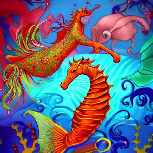 Image similar to merfolk riding seahorses, trending on artstation, colorful, intricate, art by senjon 津