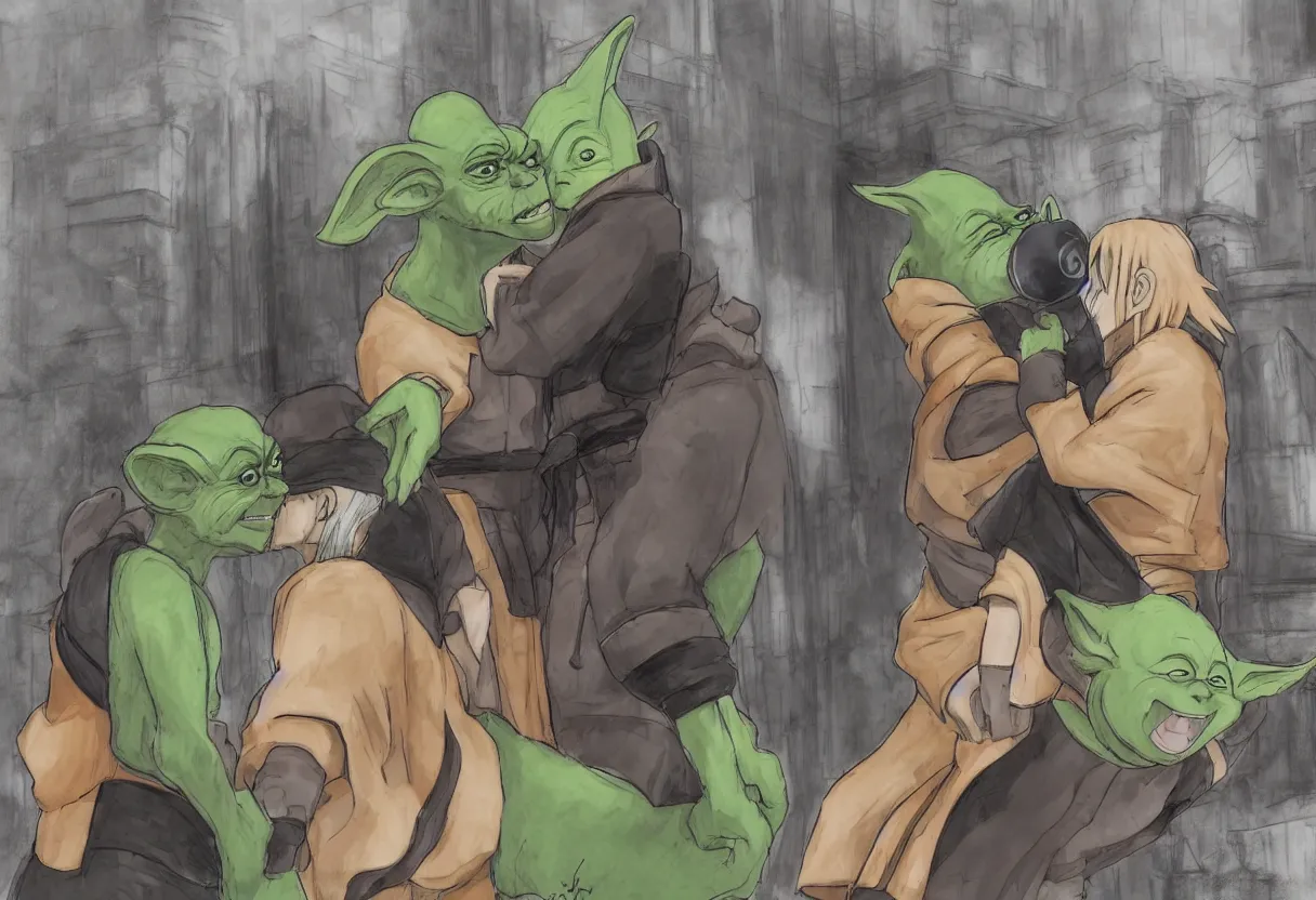 Image similar to high resolution concept art of naruto and yoda kissing in paris