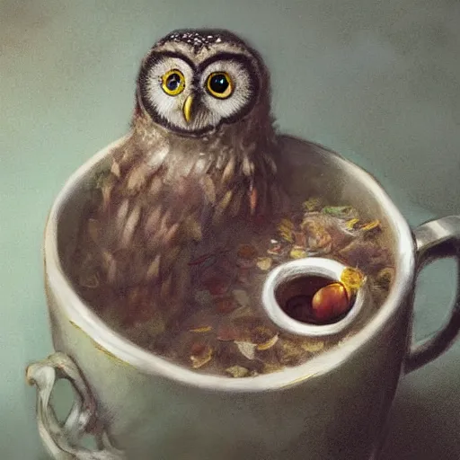 Image similar to long shot of a very cute owl chick nesting in a very romantique cup, by esao andrews, by james jean, marc simonetti, humorous illustration, hyperrealistic, big depth of field, warm colors, night scenery, low light, 3 d octane render, 4 k, conceptart, hyperdetailed, hyperrealistic, trending on artstation