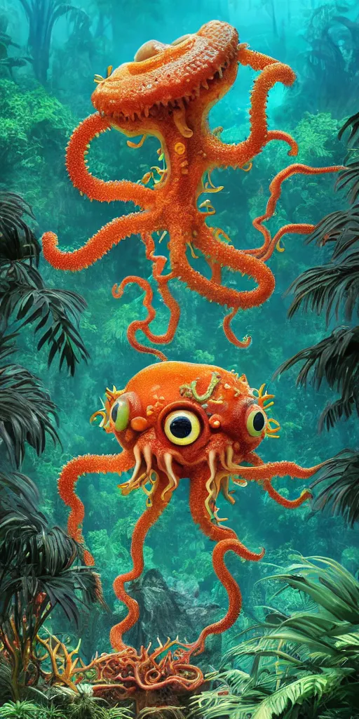 Image similar to of a tropical rainforest lake with strange cute friendly happy creatures with huge eyes, mouth, long tongue, round teeth and tentacles appearing from sandy coral, in the style of gehry and gaudi, macro lens, shallow depth of field, ultra detailed, digital painting, trending artstation, concept art, illustration, cinematic lighting, photorealism, epic, octane render