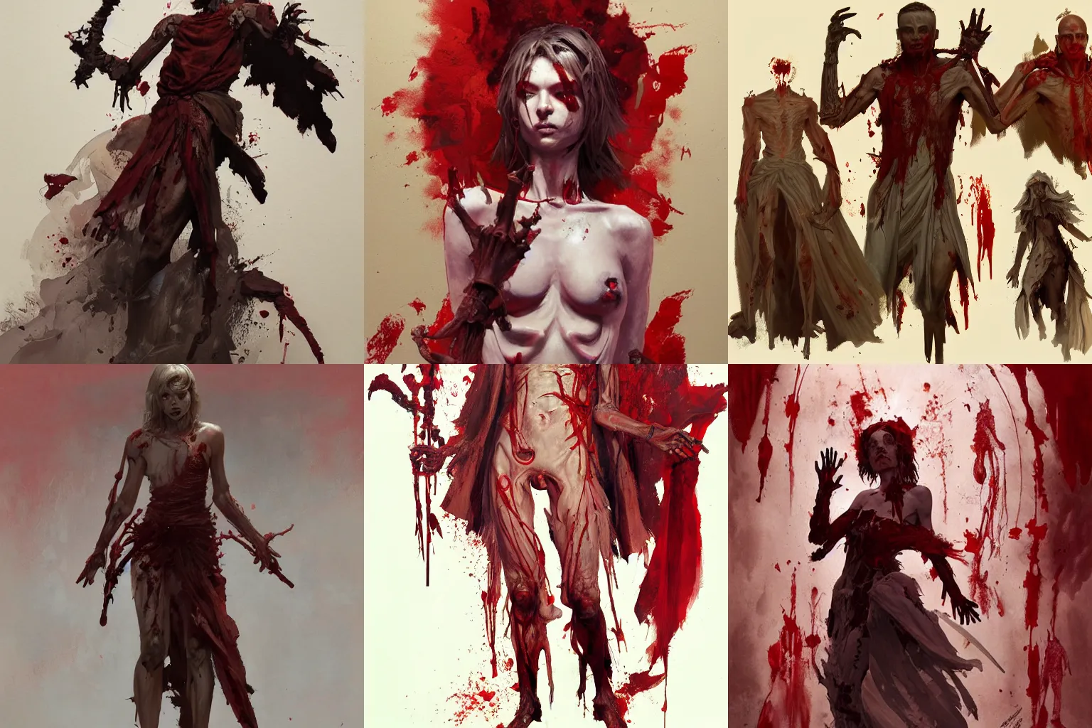 Prompt: Painting of a mage with a dress of blood, skin, bones and flesh, medium shot, highly detailed, art by Olivier Ledroit and kihiko Yoshida and Greg Rutkowski and Craig Mullins.