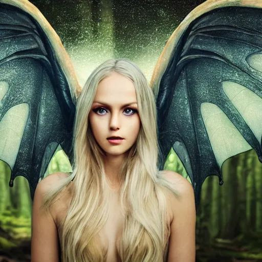 Prompt: very pretty blond dragon girl with huge dragon wings in a dark forest, perfect symmetrical face, shallow depth of field, moody lighting, single point of light, 8 k, ultra realistic, in the style of martina fackova,