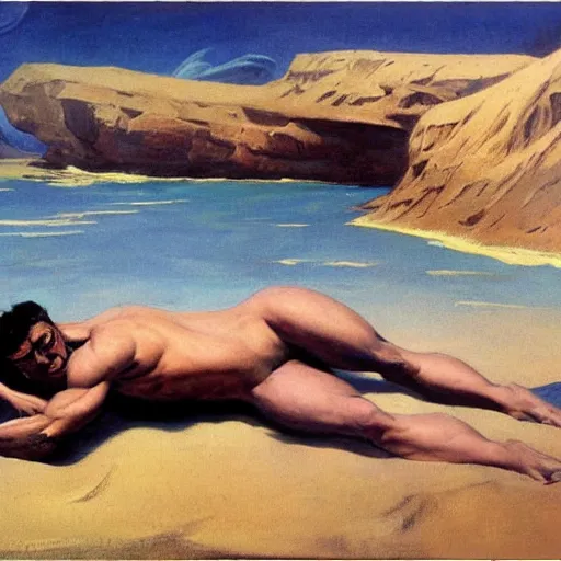 Image similar to a man laying on a Martian beach, frank frazetta