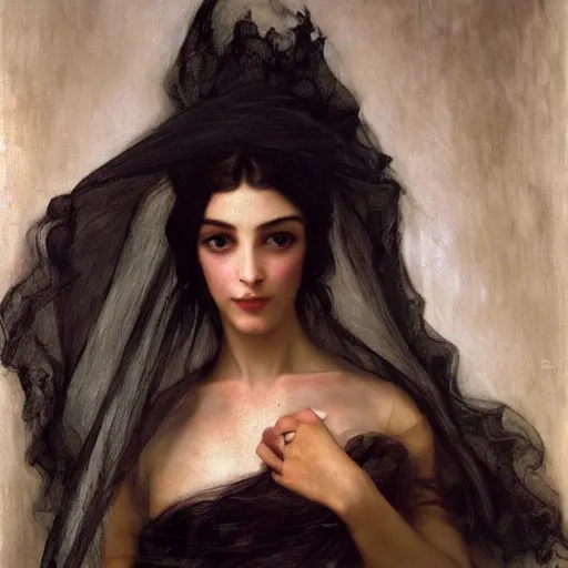 Image similar to oil painting of princess Vulvine, Hungarian, curly dark hair, fair skin, funeral veil, dark ominous by Georgia o Keeffe, by Marcel Jankowicz, by Bouguereau, by Gustave Moreau, concept art, master, realism, romantism