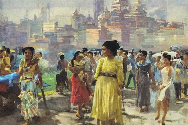 Prompt: Modern Manila Uncolonized by the Spaniards, painted by Fernando Amorsolo